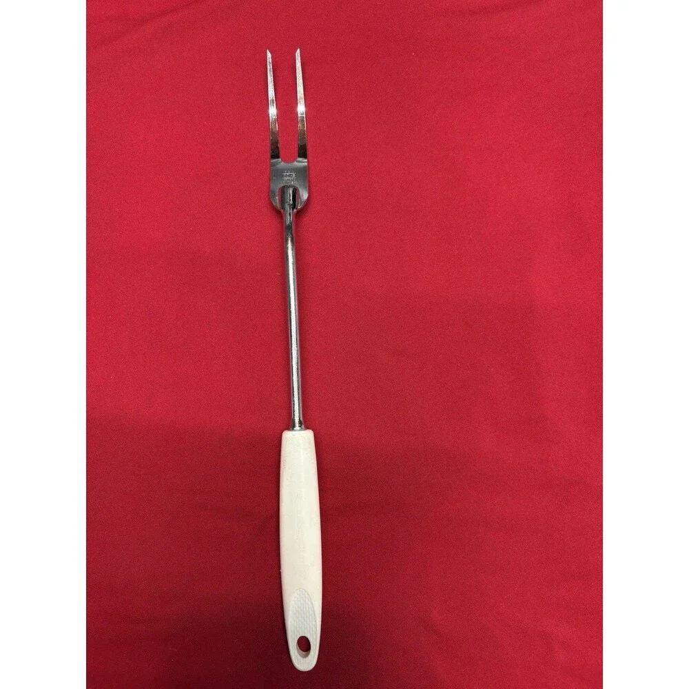 Vintage EKCO 2-Prong Meat Carving Fork USA Chromium Plated White Handle 12.5”
